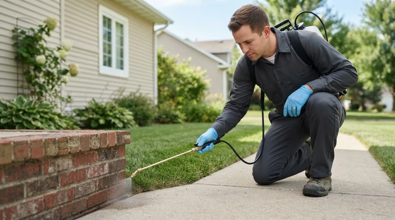 Pest control technician treating a home near El Campo, TX