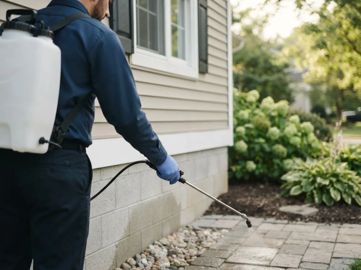Pest control technician inspecting a home in El Campo, TX